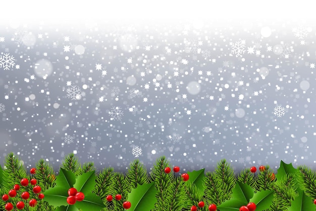 Snowfall With Silver Background With Holly Berry