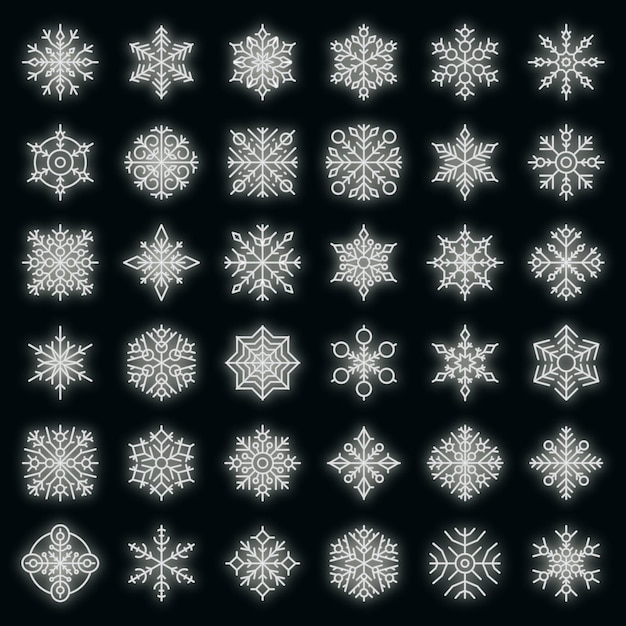 Snowflake icons set. Outline set of snowflake vector icons neon color on black