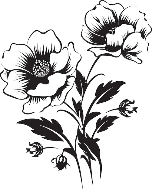 スノーフラック・ペタル・スケッチ エレガントな黒いエンブレム スノーウィー・ブルームズ 手描きの冬の花のエンブレーム