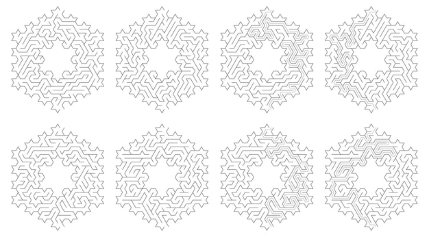 Vector snowflake shaped mazes with snowflake core and 18 spikes