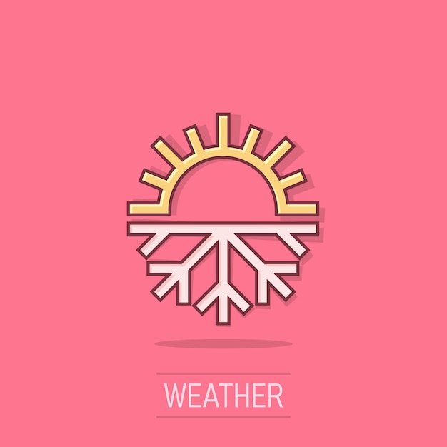 Snowflake and sun icon in comic style climate control cartoon vector illustration on isolated background hot cold temperature splash effect business concept