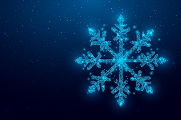 Snowflake wireframe low poly stijl ontwerp Vrolijk kerstfeest en Nieuwjaar concept Wireframe gloeiend low poly ontwerp op een blauwe achtergrond Abstract futuristische vector illustratie