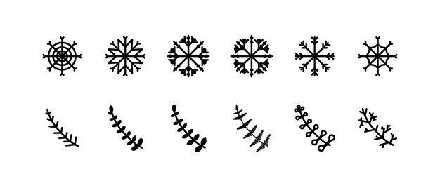 ベクトル 雪花と枝のアイコン シルエット 黒の雪花と冬の枝のセット デザインのためのベクトルアイコン