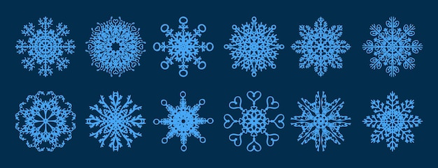 Snowflakes Christmas Collection for winter design isolated on dark blue background Premium Vector