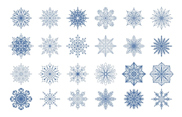 雪の結晶クリスマスかわいい雪の飾りの形冬氷フレーク シンボル グラフィック コレクション抽象的な氷の結晶幾何学的な青いフレーク降雪絵文字クリスマス休日の装飾ベクトル分離セット