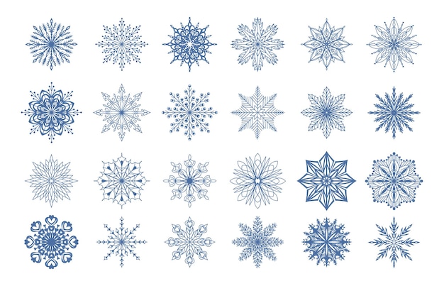 Snowflakes Christmas cute snow ornament shapes winter ice flake symbols graphic collection abstract ice crystal geometric blue flakes snowfall pictograms Xmas holidays decor Vector isolated set