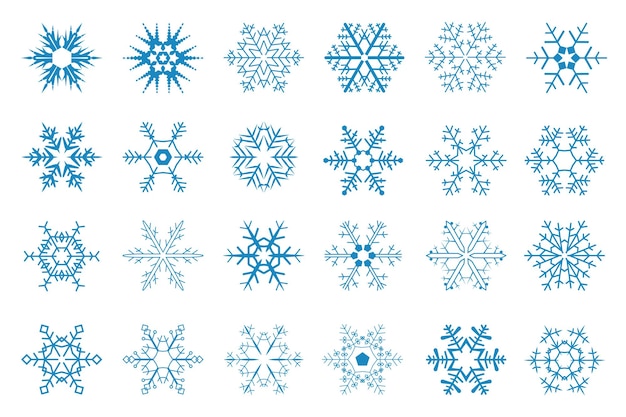 Elementi grafici isolati fiocchi di neve impostati in design piatto fascio di fiocchi di neve blu in diverse forme simboli geometrici ornamenti congelati per l'arredamento invernale di capodanno e natale illustrazione vettoriale