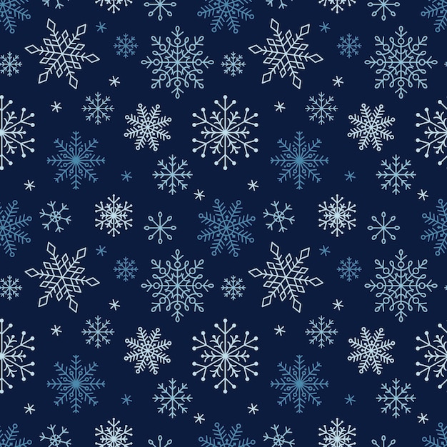 Snowflakes seamless pattern of a variety of snowflakes on a dark blue background