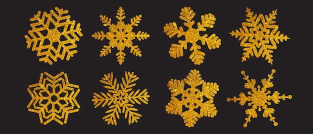 Snowflakes vector collection. winter set of golden isolated  icon silhouettes on black background