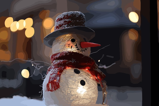 Vector snowing christmas holiday celeration with snowman and pine trees