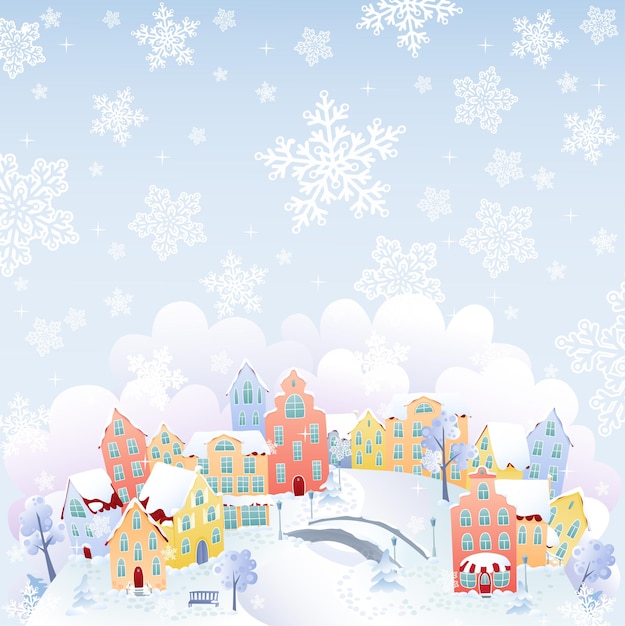 Snowing town in winter vector illustration