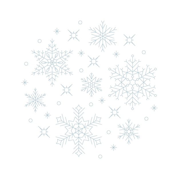 Vector snowlakes composition in circle shape, line art