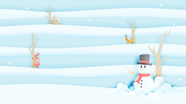 Снеговик и милая девушка и дорогая с пейзажем снега в стиле бумажного искусства