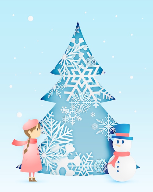 Снеговик и милая девушка со снежинкой в ​​стиле бумажного искусства