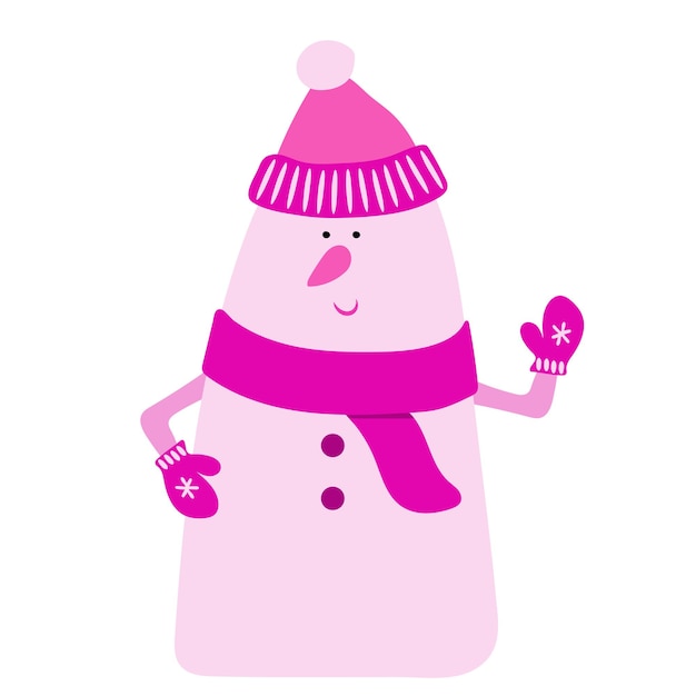 Snowman in Barbie colors in a hat mittens and scarf on white Pink Christmas and New Year Barbiecore