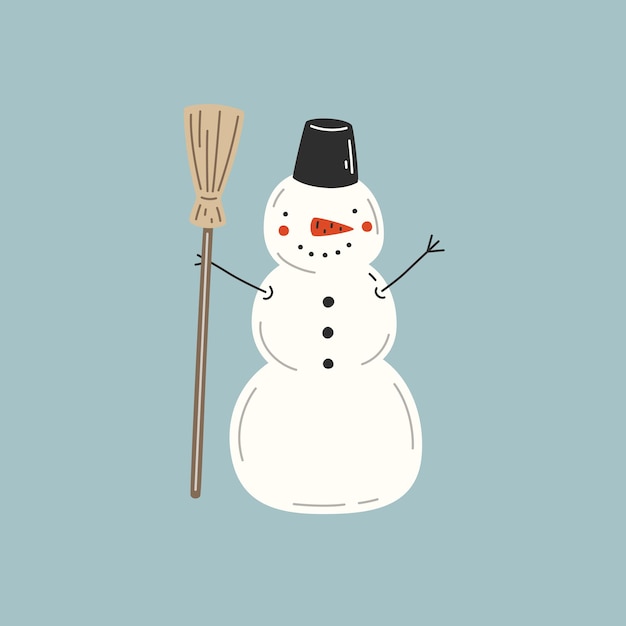 Snowman in bucket hat with a broom on a blue background. vector illustration