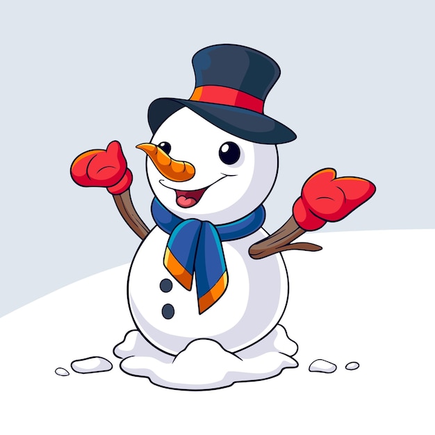 Snowman cartoon is happy and waving in the snowfall