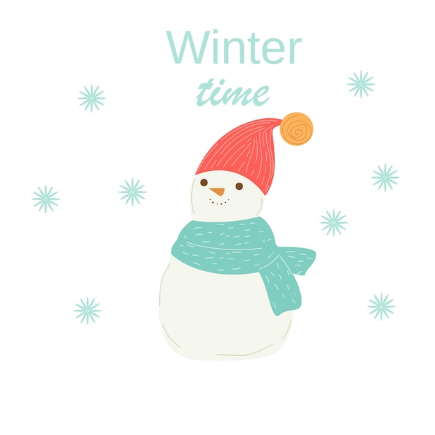 Snowman Christmas cute winter snowman in new year scarve and hat Northern cartoon character