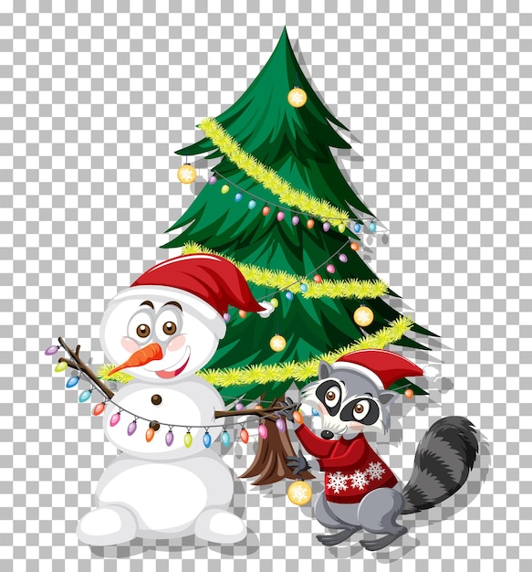 Snowman and christmas tree on grid background