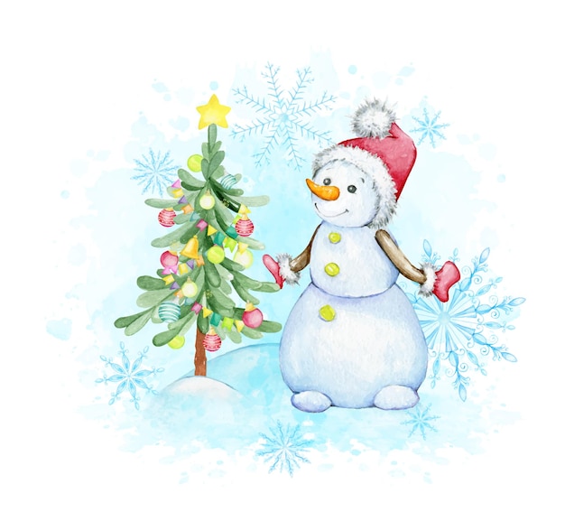 雪だるまのクリスマスツリー水彩画新年のクリップアート漫画風だが孤立した背景