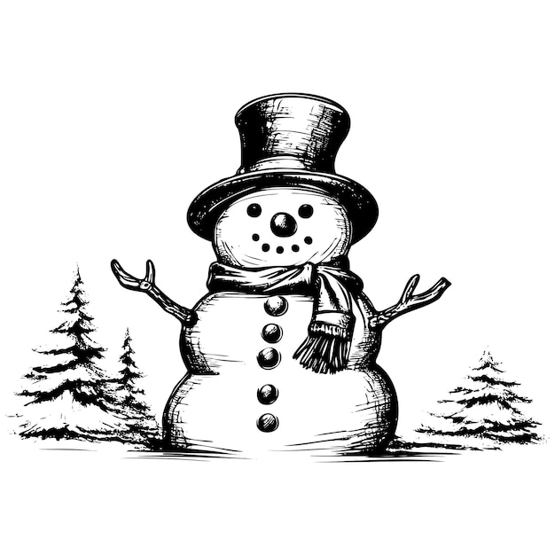Снеговик выгравирован на винтажном рисунке, нарисованном вручную, с векторной иллюстрацией снеговика, нарисованной вручную