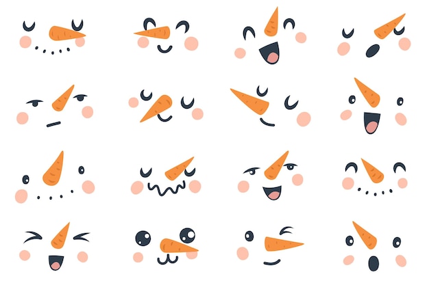 Snowman faces. Christmas different funny snowmen heads with carrot nose and eyes, mouth and eyelashes with various emotions cute winter holidays vector doodle isolated snowy characters collection