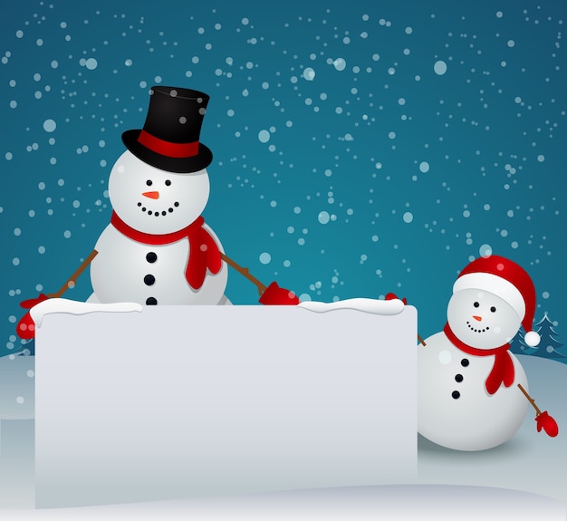 サインとクリスマスの冬のシーンで雪だるまの家族