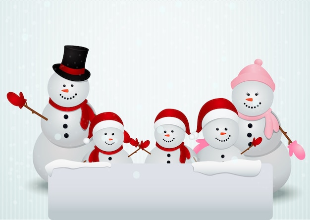 Vettore famiglia del pupazzo di neve nella scena di inverno di natale con il segno