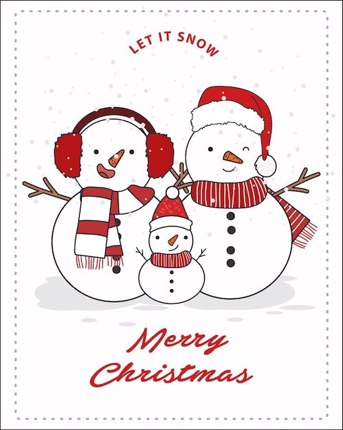 雪だるま家族イラスト。メリークリスマスカードまたはポストカード。