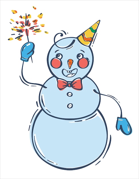 Snowman in a festive cap with a sparkler Cute cartoon character Christmas vector illustration