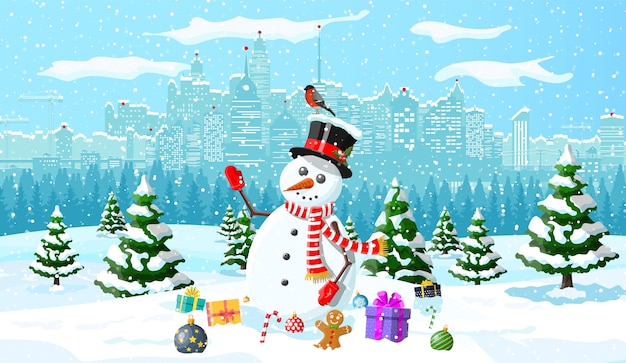 Snowman, gifts, pine tree and snow. Urban winter cityscape with fir trees forest park. Christmas scene