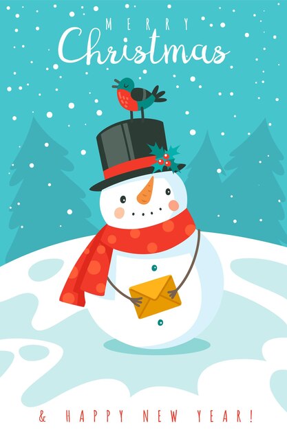Снеговик. с новым годом и рождеством поздравительная открытка с веселым снеговиком в шляпе и шарфе и снежинками, праздничный зимний мультяшный рождественский милый персонаж вектор декабрь праздник фон