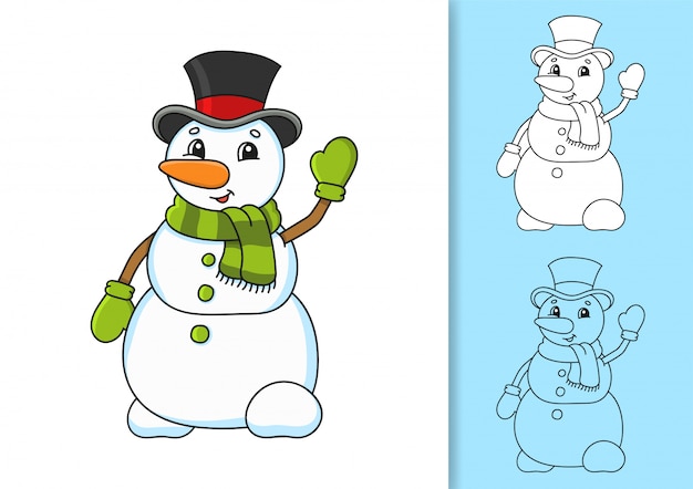 Снеговик в шляпе и шарфе машет рукой.