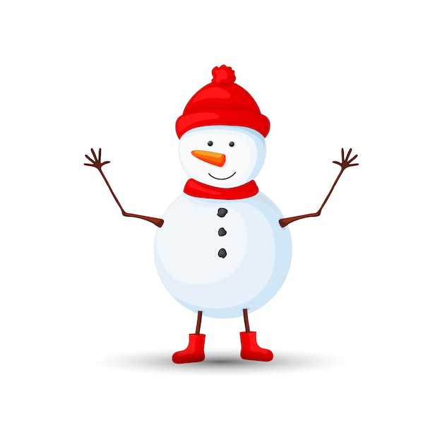 Vector snowman in hat with raised hands on white background.