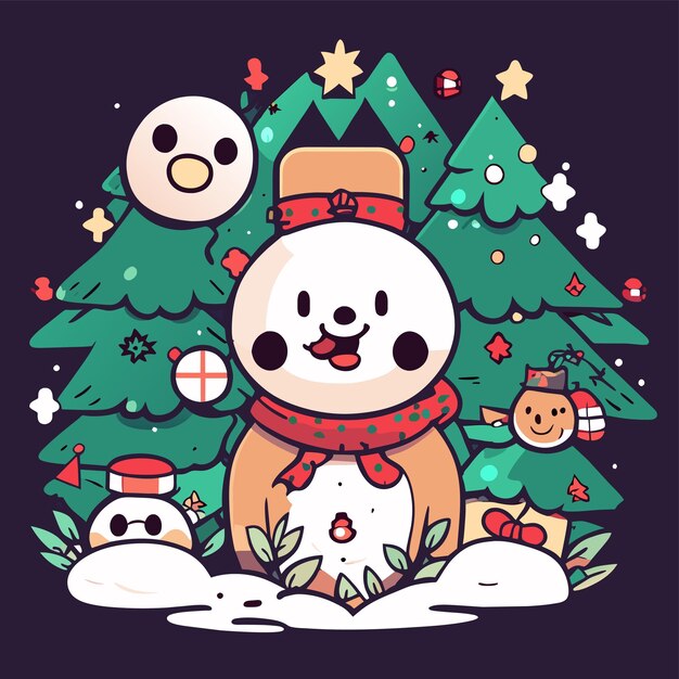 Vector snowman holiday winter tree christmas house hand drawn flat stylish cartoon sticker icon concept