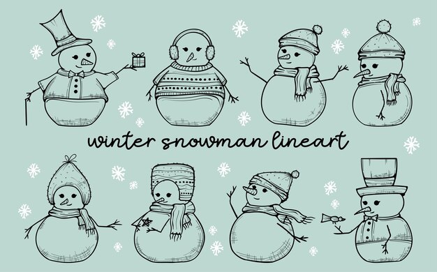Снеговик Lineart для зимних и рождественских элементов Ручной рисунок вектора