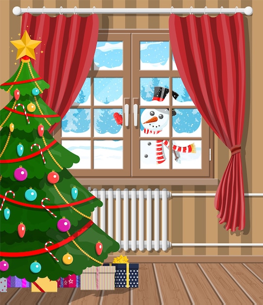 Premium Vector | Snowman looks in living room window. interior of ...