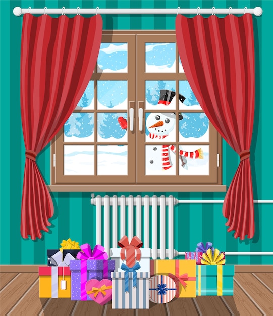 Vector snowman looks in living room window