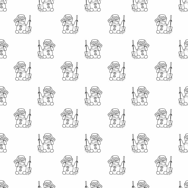 Vector snowman pattern4 cute seamless pattern with snowmen with shovel cartoon white and black vector illustration