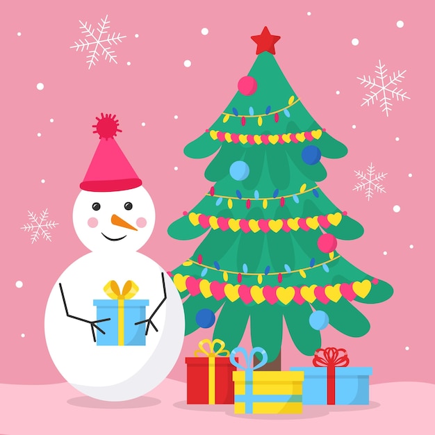 A snowman in a pink hat lays a gift under tree