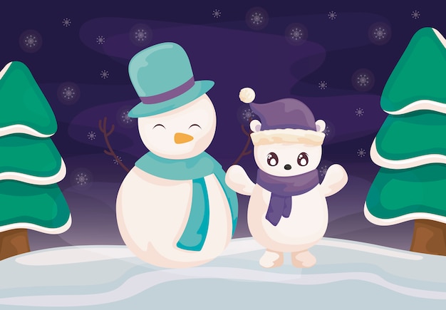 Snowman and polar bear with hat and scarf on winter landscape