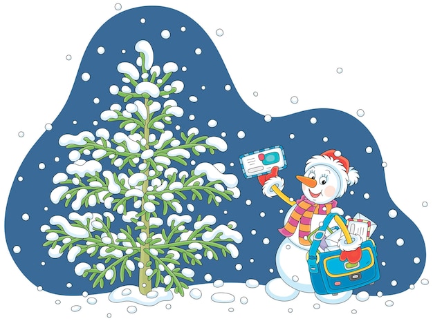 Snowman postman with letters from little children to Santa Claus near a snowcovered fir tree