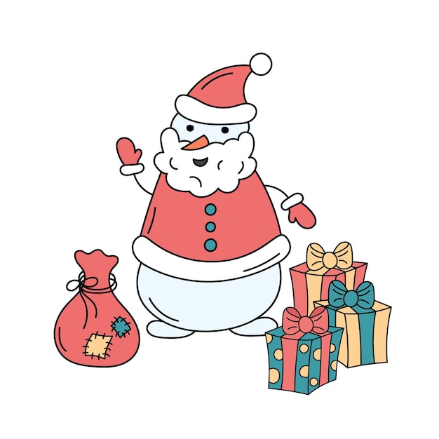 Pupazzo di neve babbo natale personaggio divertente con sacco e regali vector doodle colorato illustrazione del simpatico pupazzo di natale isolato