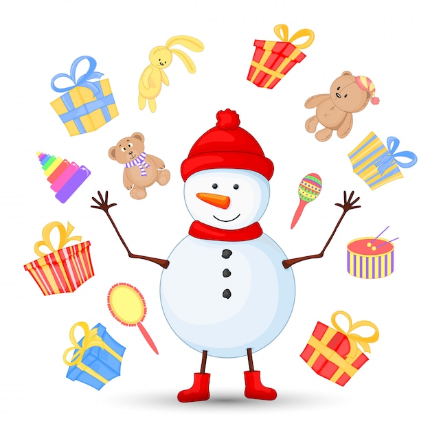 Vector snowman in scarf, boots, mittens, and a hat. postcard for the new year and christmas. isolated objects on white background. cute cartoon gifts for birthday. teddy bear