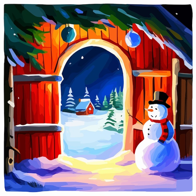 Snowman stands at door at christmas eve outdoor entrance with snowman xmas decor lights and