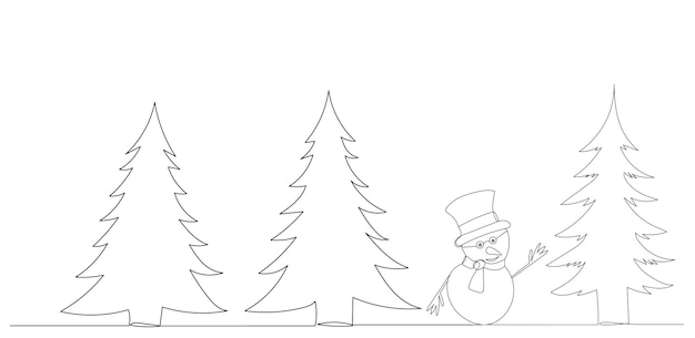 Снеговик и деревья, рисунок одной непрерывной линией