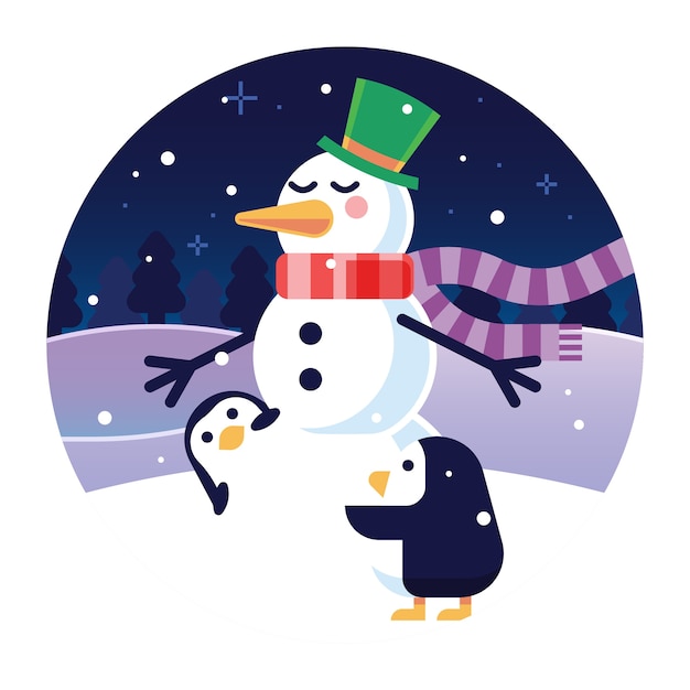 Snowman and two cute penguins