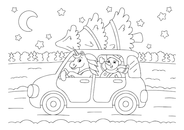 Snowman and unicorn are driving a car for the christmas holiday. coloring book page for kids.