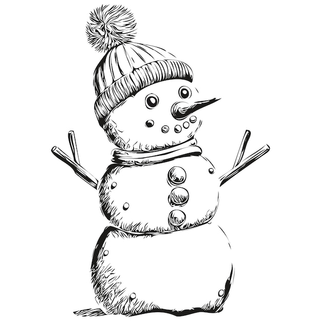 Snowman vintage engraved sketch detailed illustration of christmas snowman classic black and white a