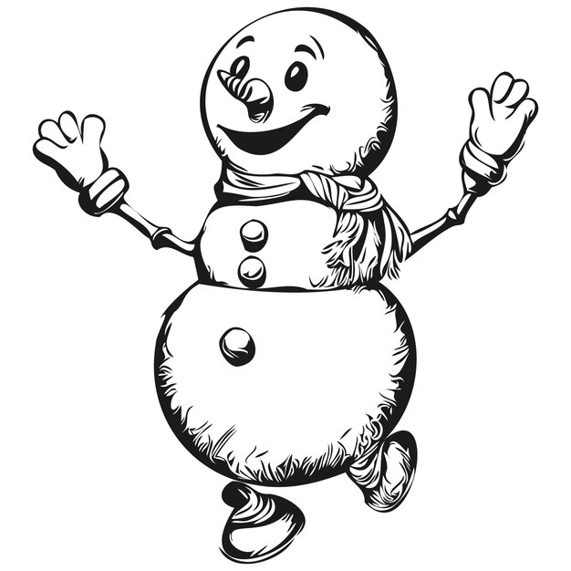 Snowman vintage sketch inciso illustrazione dettagliata di snowman di natale classico bianco e nero a